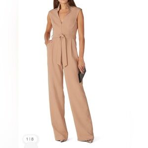 Black Halo Brittan Jumpsuit Size 4 Wide Leg Tan Beige